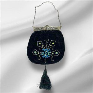 Antique Victorian Beaded Black Velvet Purse Embossed Metal Frame Kiss Lock